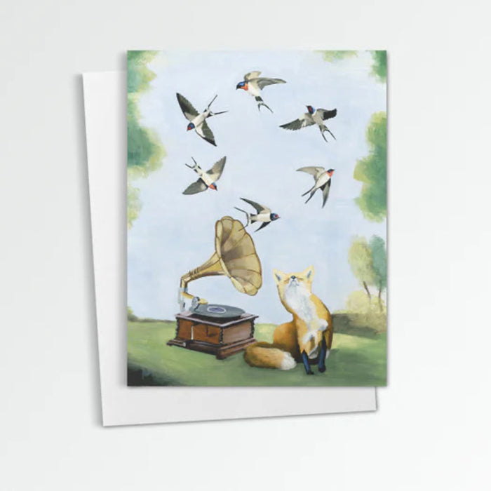 M is for Music & Repeating Melodies notecard from Kim Ferreira. A fox listens to music from a phonograph while birds circle above.