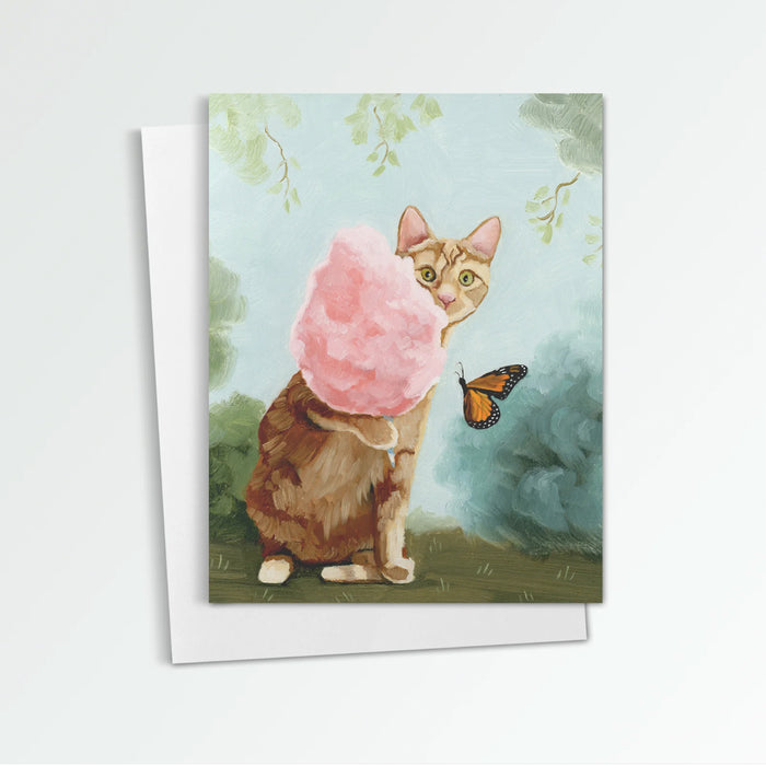Cotton Candy notecard from Kim Ferreira. A ginger cats holds cotton candy and a monarch butterfly flies nearby.