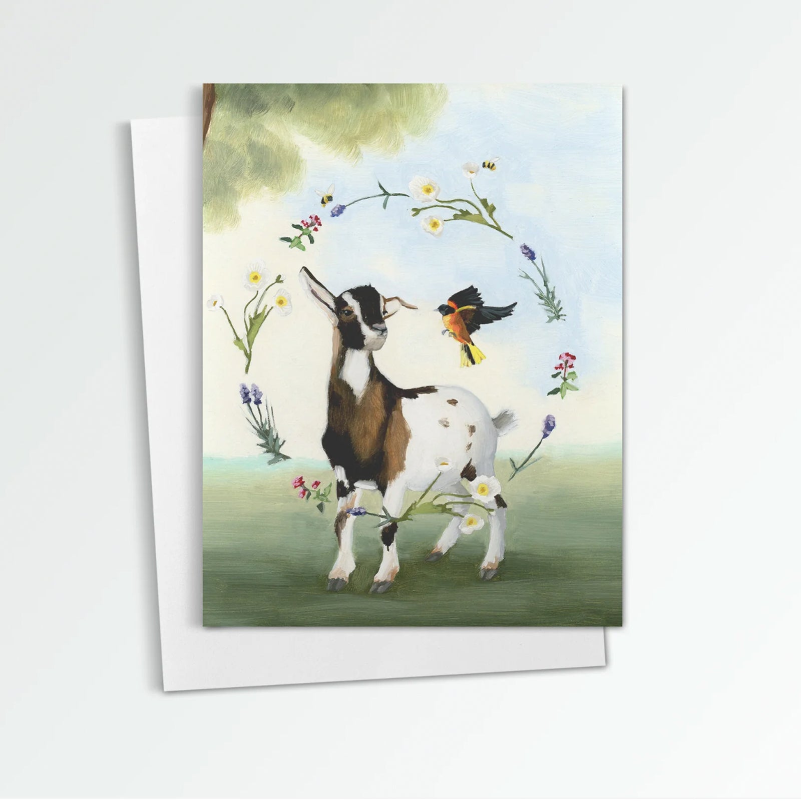 Farm Sweet Farm Goat notecard from Kim Ferreira. A goat and bird are surrounded by a circle of flowers and bees.