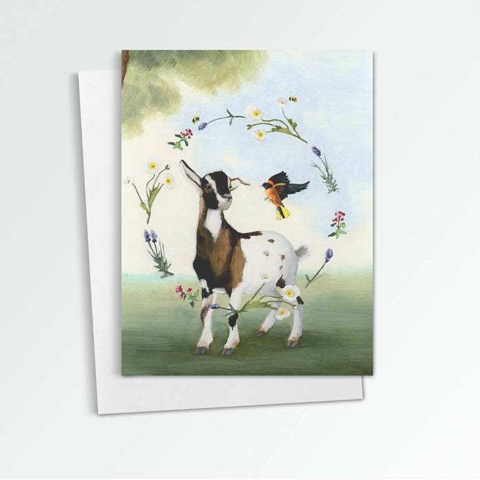 Farm Sweet Farm Goat notecard from Kim Ferreira. A goat and bird are surrounded by a circle of flowers and bees.