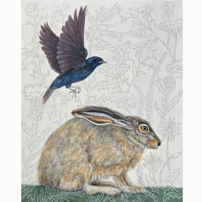 "The Messengers", 20 x 16" hare and Purple Martin swallow acrylic painting by Martha Worthy. Sketched botanical details in background.