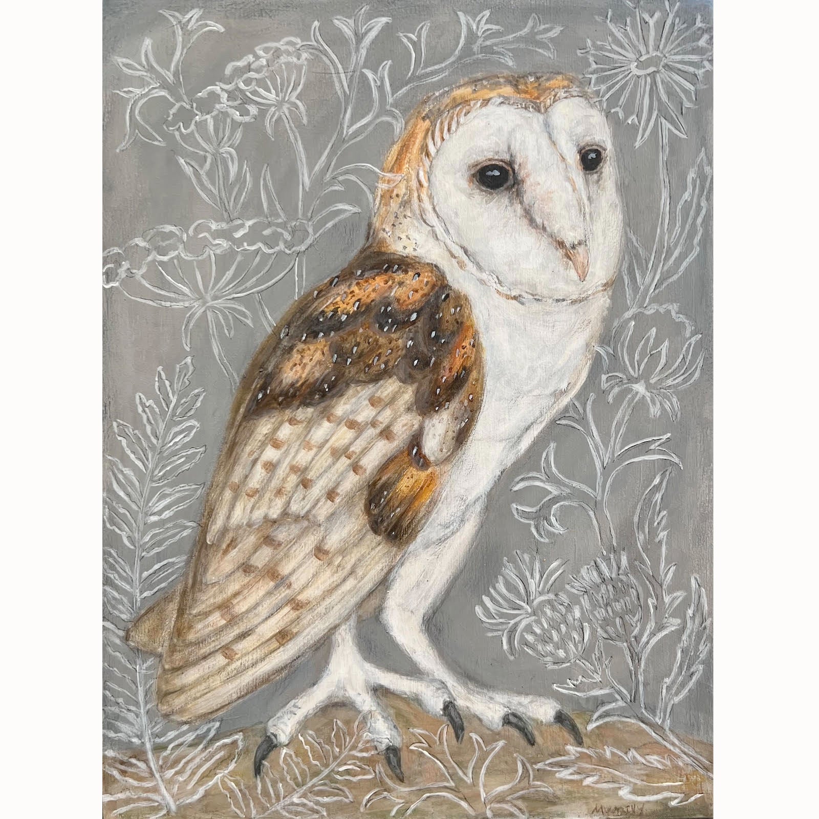 "Ripley", small barn owl and botanical painting by artist Martha Worthy.