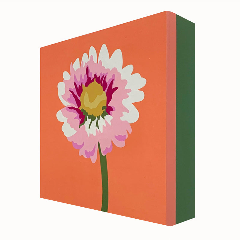 "Bubblegum Daisy", 8 inch acrylic and gouache painting by Michele Aschenbrenner. Pink daisy with orange background. Side view.