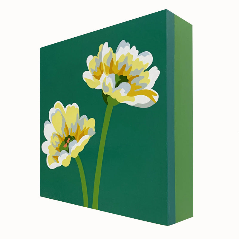 "Yellow Daisies", 8 inch acrylic and gouache painting by Michele Aschenbrenner. Two yellow daisies with green background. Side view.