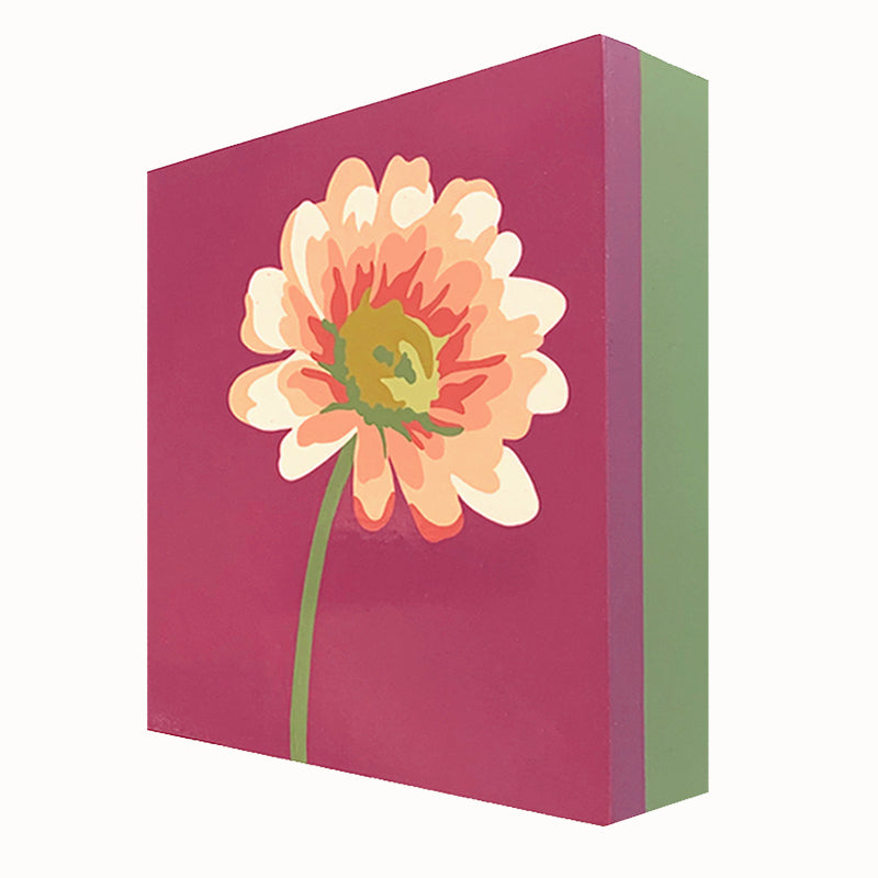 "Sherbet Daisy", 8 inch acrylic and gouache painting by Michele Aschenbrenner. Sherbet daisy with fuchsia background. Side view.