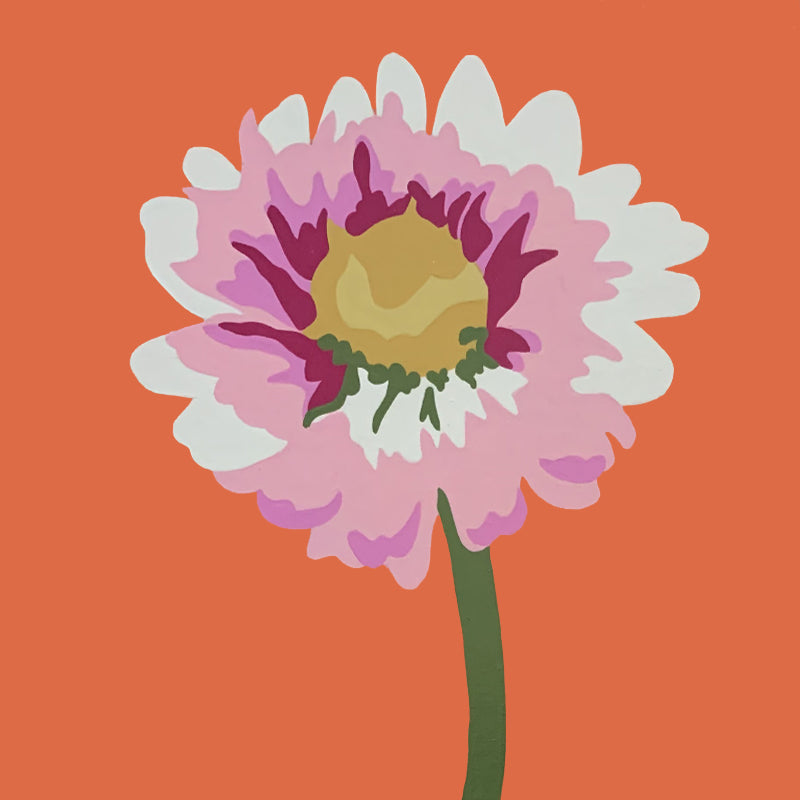 "Bubblegum Daisy", 8 inch acrylic and gouache painting by Michele Aschenbrenner. Pink daisy with orange background.