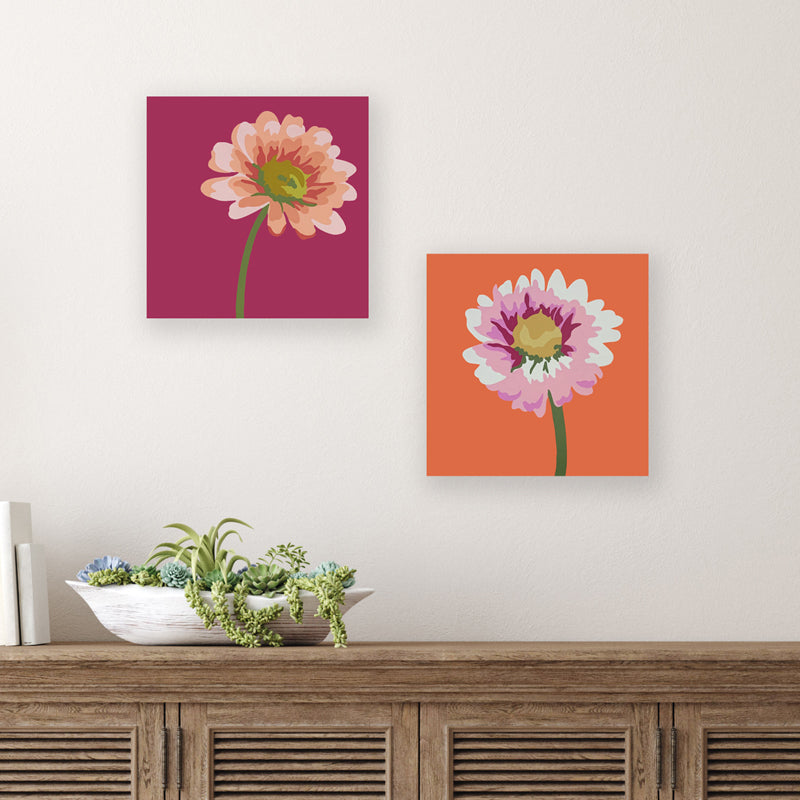 Two 8 inch acrylic and gouache daisy paintings by Michele Aschenbrenner. Sherbet daisies with fuchsia background, and a pink daisy with orange background.