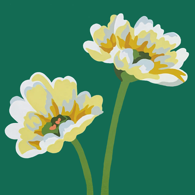 "Yellow Daisies", 8 inch acrylic and gouache painting by Michele Aschenbrenner. Two yellow daisies with green background.