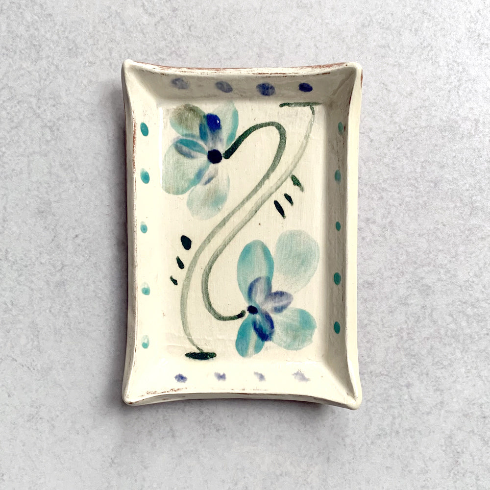 Handmade ceramic tray by Molly Lithgo, decorated with blue flowers. Made in North Carolina. Use for a soap dish, catchall or trinket tray.