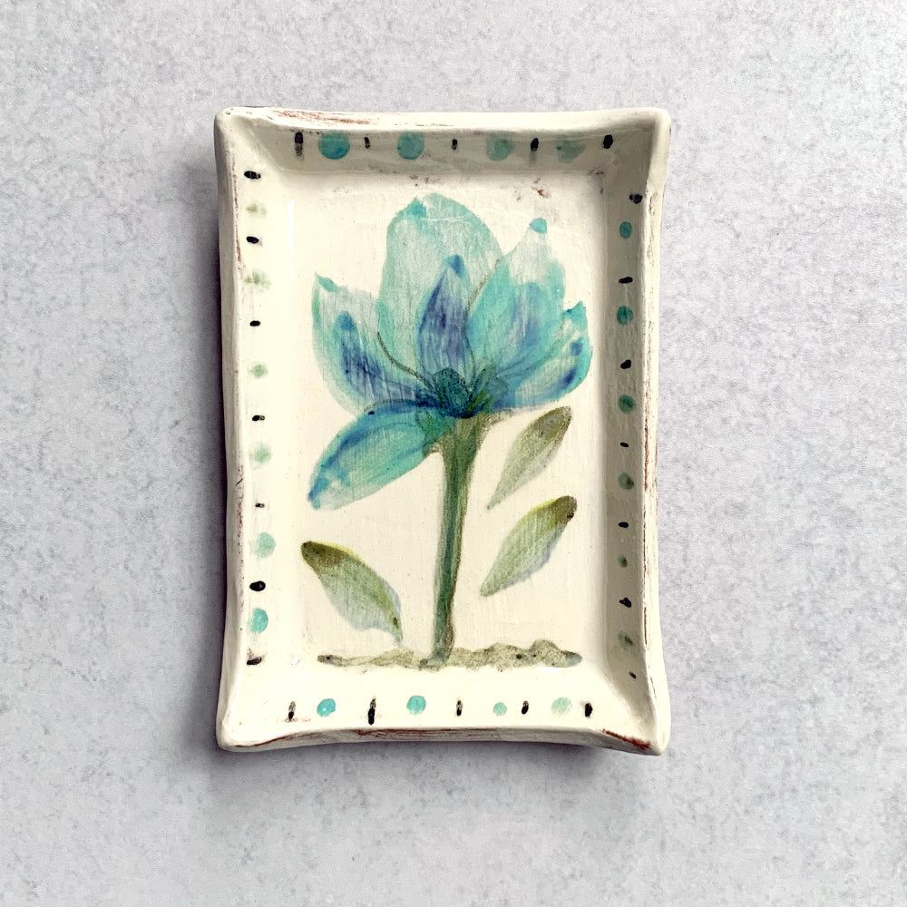 Handmade ceramic tray by Molly Lithgo, decorated with blue flowers. Made in North Carolina. Use for a soap dish, catchall or trinket tray.
