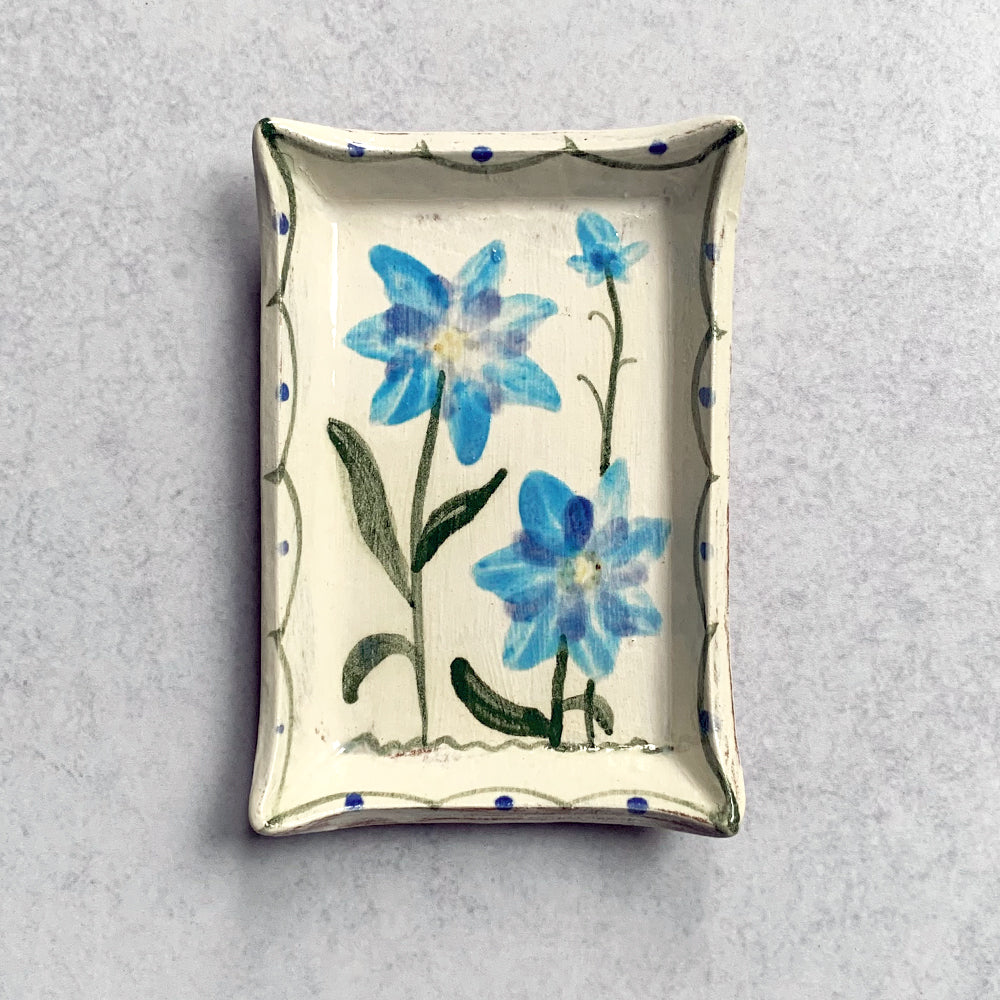 Handmade ceramic tray by Molly Lithgo, decorated with blue flowers. Made in North Carolina. Use for a soap dish, catchall or trinket tray.