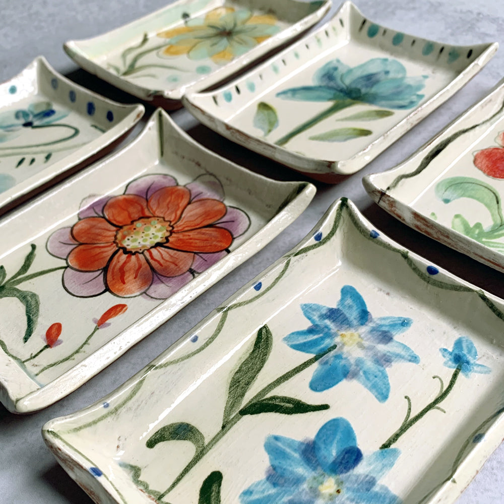 Handmade ceramic trays by Molly Lithgo, decorated with blue flowers. Made in North Carolina. Use for a soap dish, catchall or trinket tray.