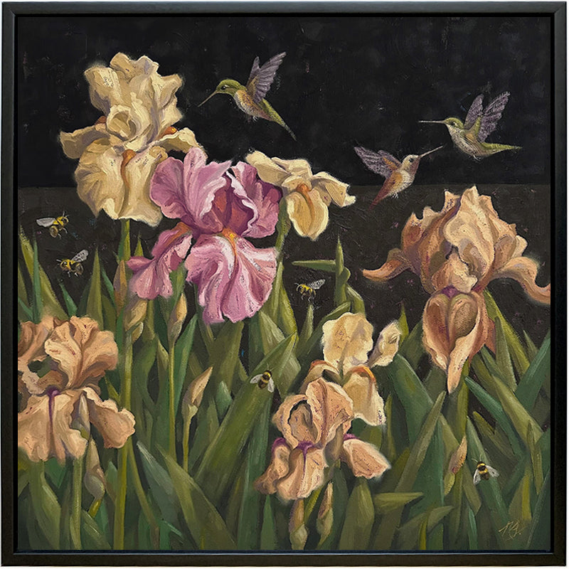 "After Hours Garden Party" painting by Ninalee Irani. 16 inch oil painting on canvas features a night scene with yellow and pink iris flowers, bees and hummingbirds.. The painting is set in a black floater frame.
