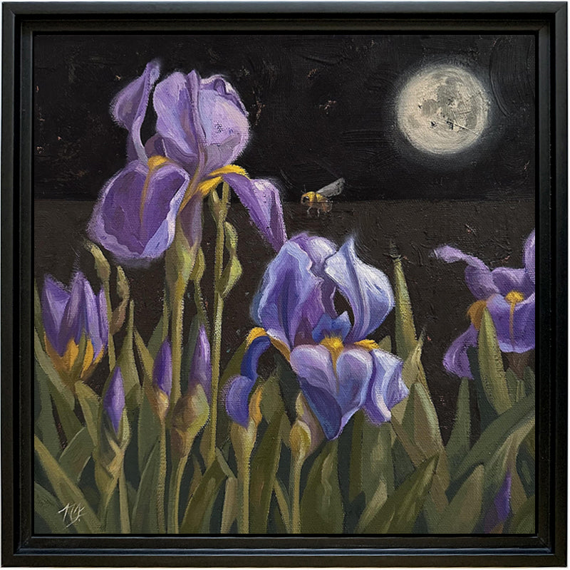 "Moon Flowers" painting by Ninalee Irani. 10 inch oil painting on canvas features a night scene with purple iris flowers and a bee under a full moon. The painting is set in a black floater frame.