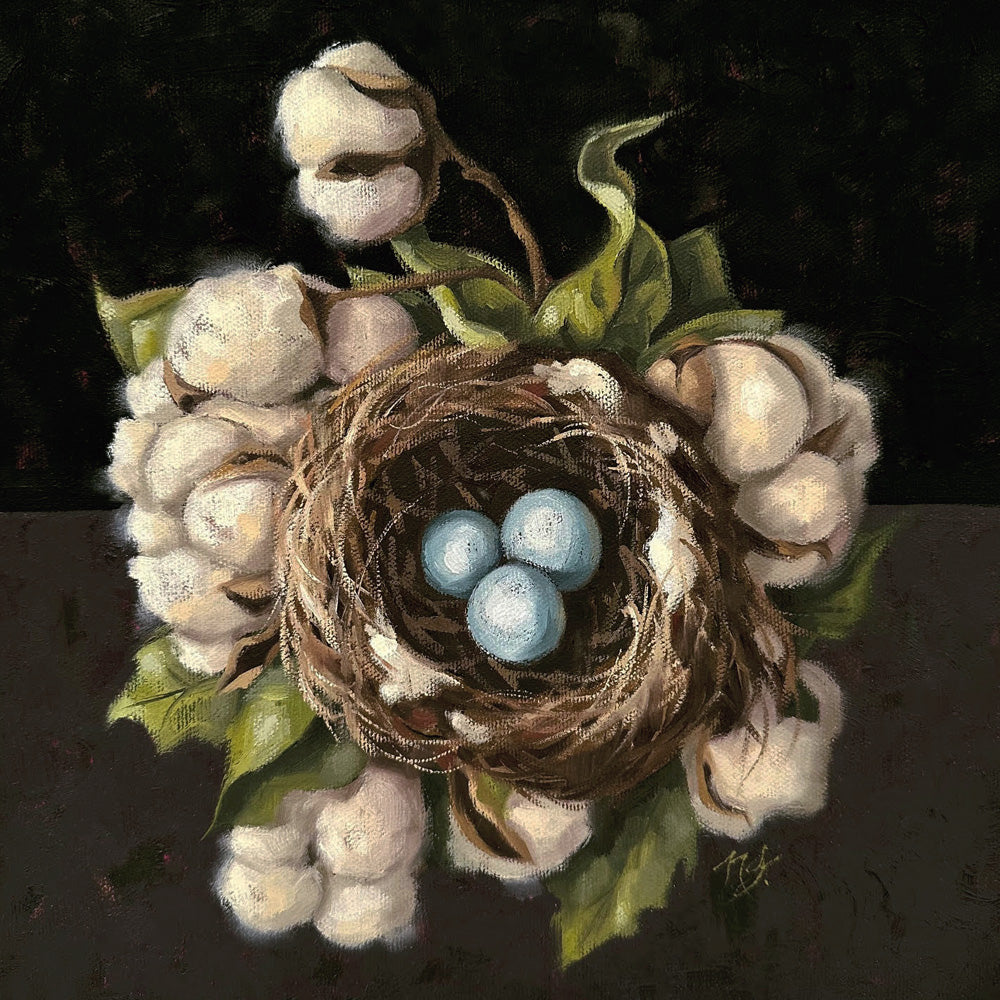 "Cotton Bedding", 10 x 10" oil painting by Ninalee Irani. A nest with three blue eggs is nestled a bed of cotton, with a dark background.