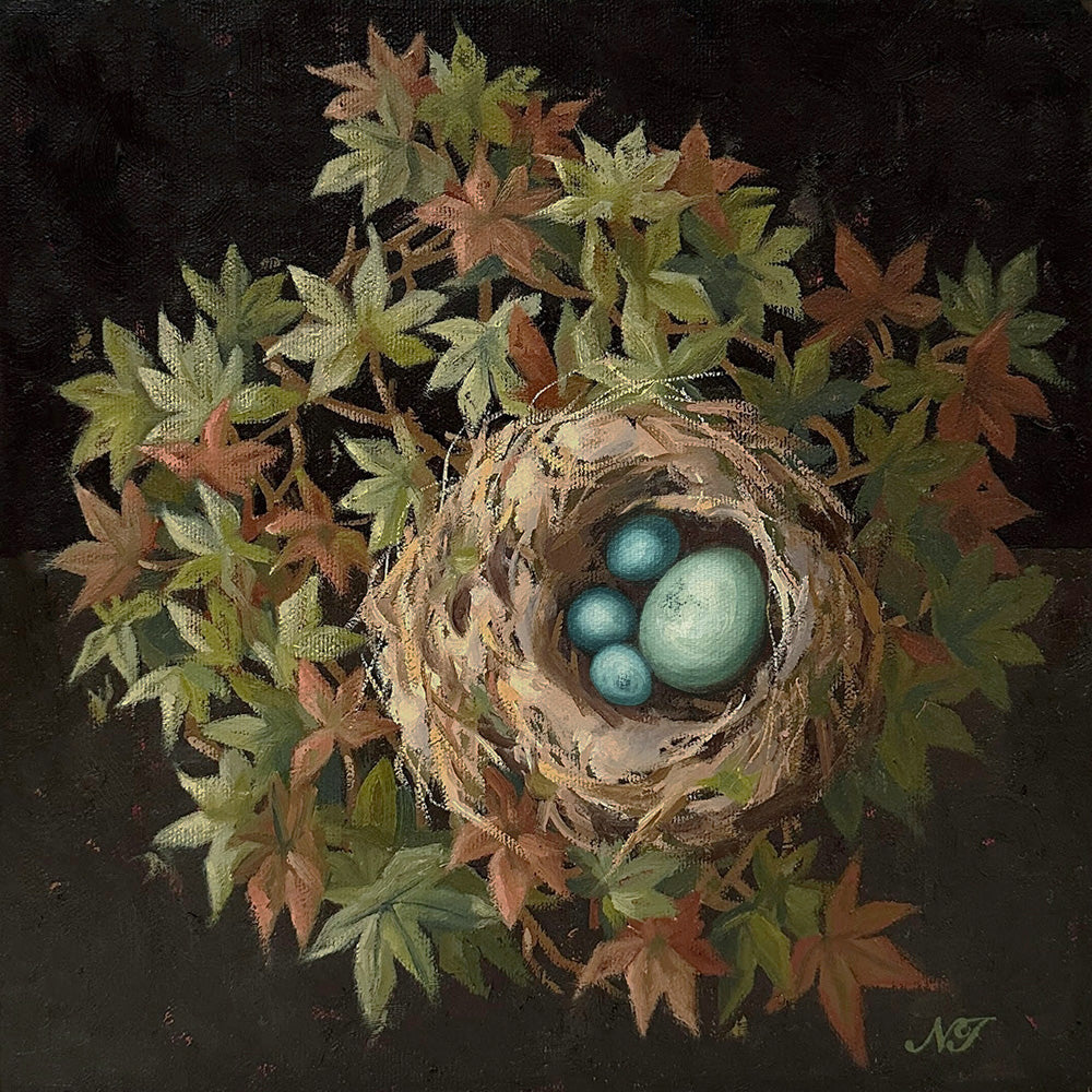 "The Four of Us", 10 x 10" oil painting by Ninalee Irani. A nest with four blue eggs is nestled among green and rust colored foliage, with a dark background.