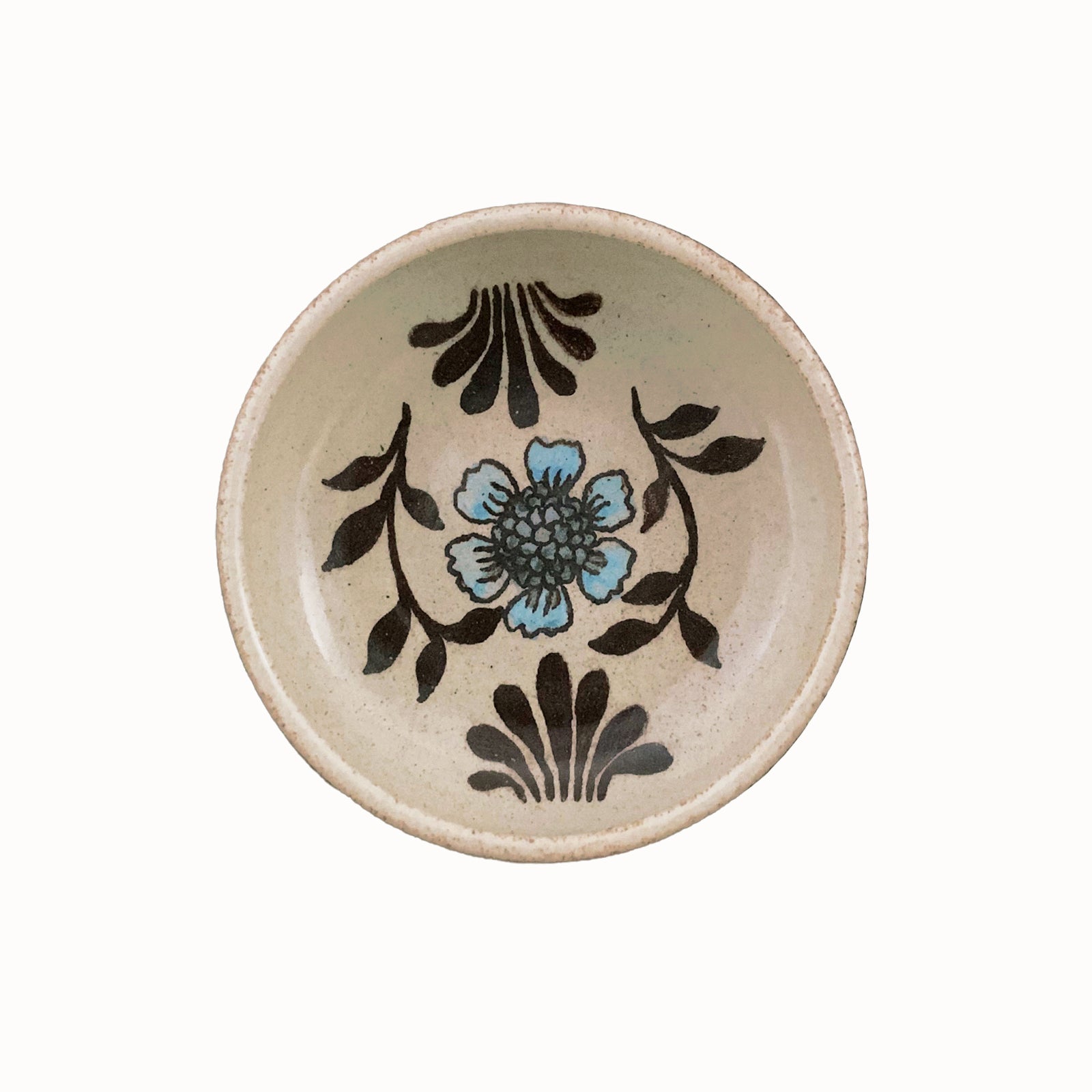 Handmade pottery from Off Menu Pots. Small round catchall dish with blue flower, handmade.