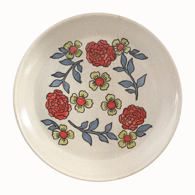 Handmade pottery from Off Menu Pots. Dessert plate with red and charteuse flowers.