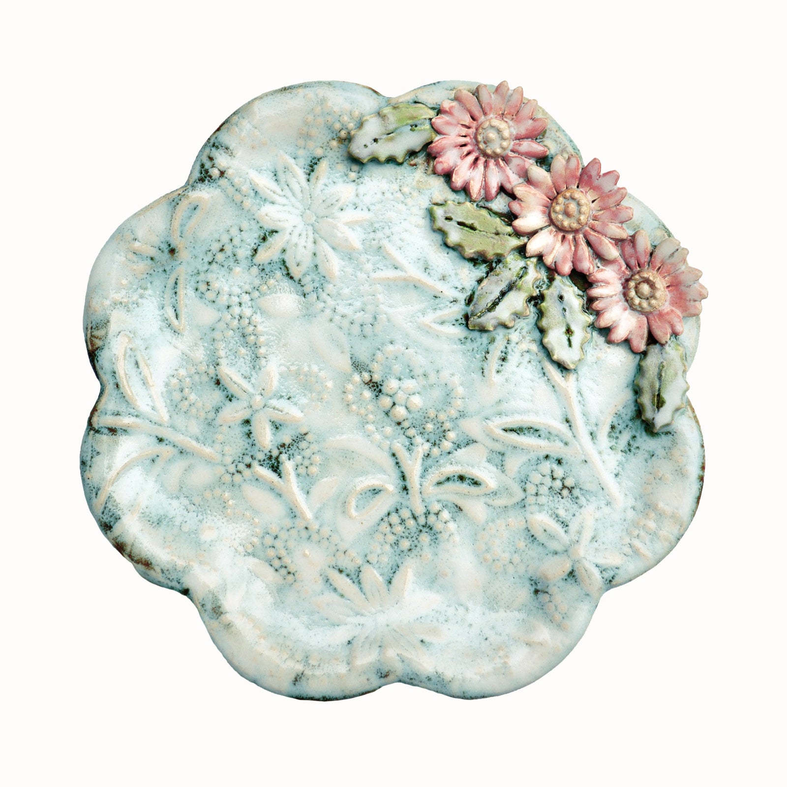 Creamy white dessert plate with flower print and pink flower details by ceramic artist Paula Smith. Available at larkandkey.com, Charlotte NC.