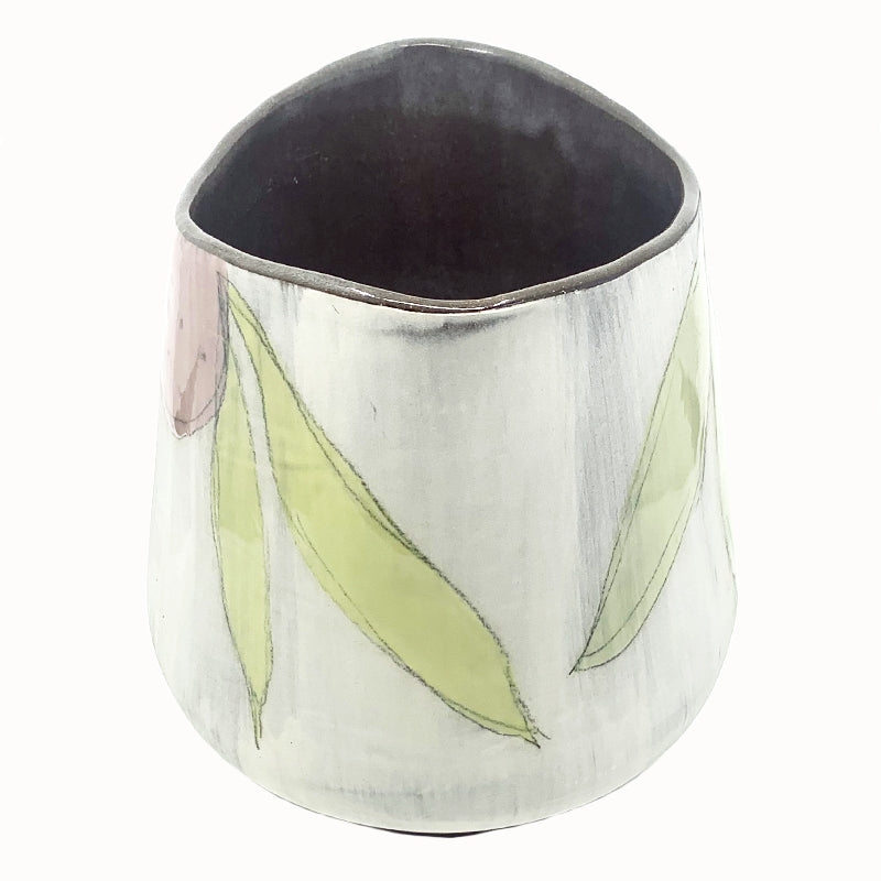 Large oval flower vase by ceramic artist Robin Ralston Frelier. White with dark brown base and interior, and large graphic flower decoration in blue, pink and green. Side and top interior view.