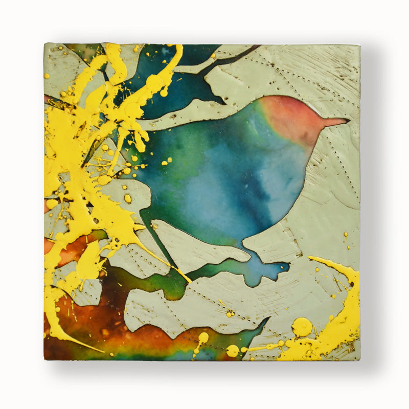 The Prairie Keepers No. 4 - Colorful, abstracted, textural bird and foliage artwork on a pale, muted green background by artist Sarah Treanor.