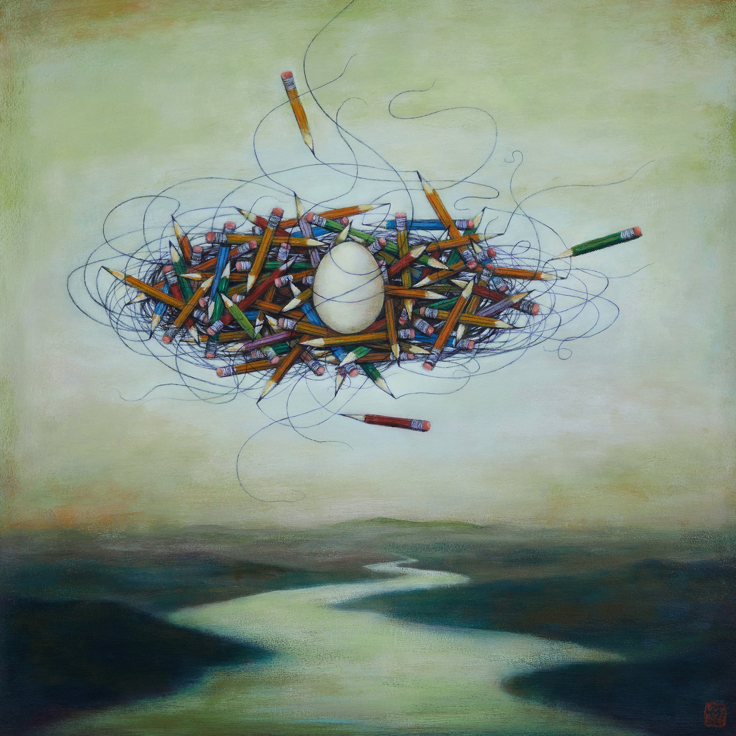 Duy Huynh's "Eggxtracuricular Studies in ResourcefulNest" 12 x 12" limited edition art print on paper.  A nest made of pencils contains a single egg, it floats in the sky above a river.
