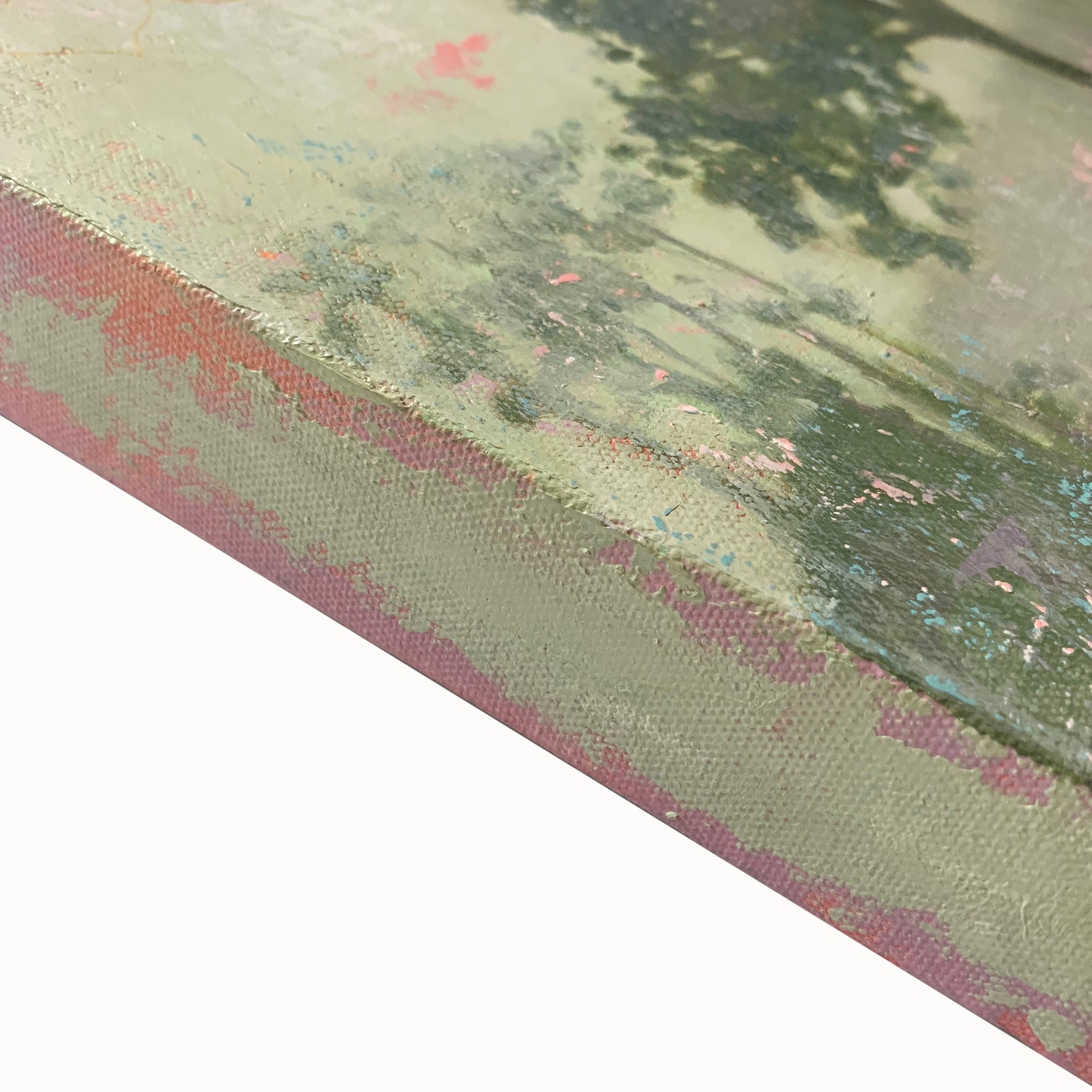 "Dissipating Fog" oil painting by artist Eleanor Miller. Atmospheric tree painting with subtle graphic flower overlays. Dark green tree with green background and pink texture - side detail. Available at larkandkey.com, Charlotte NC.