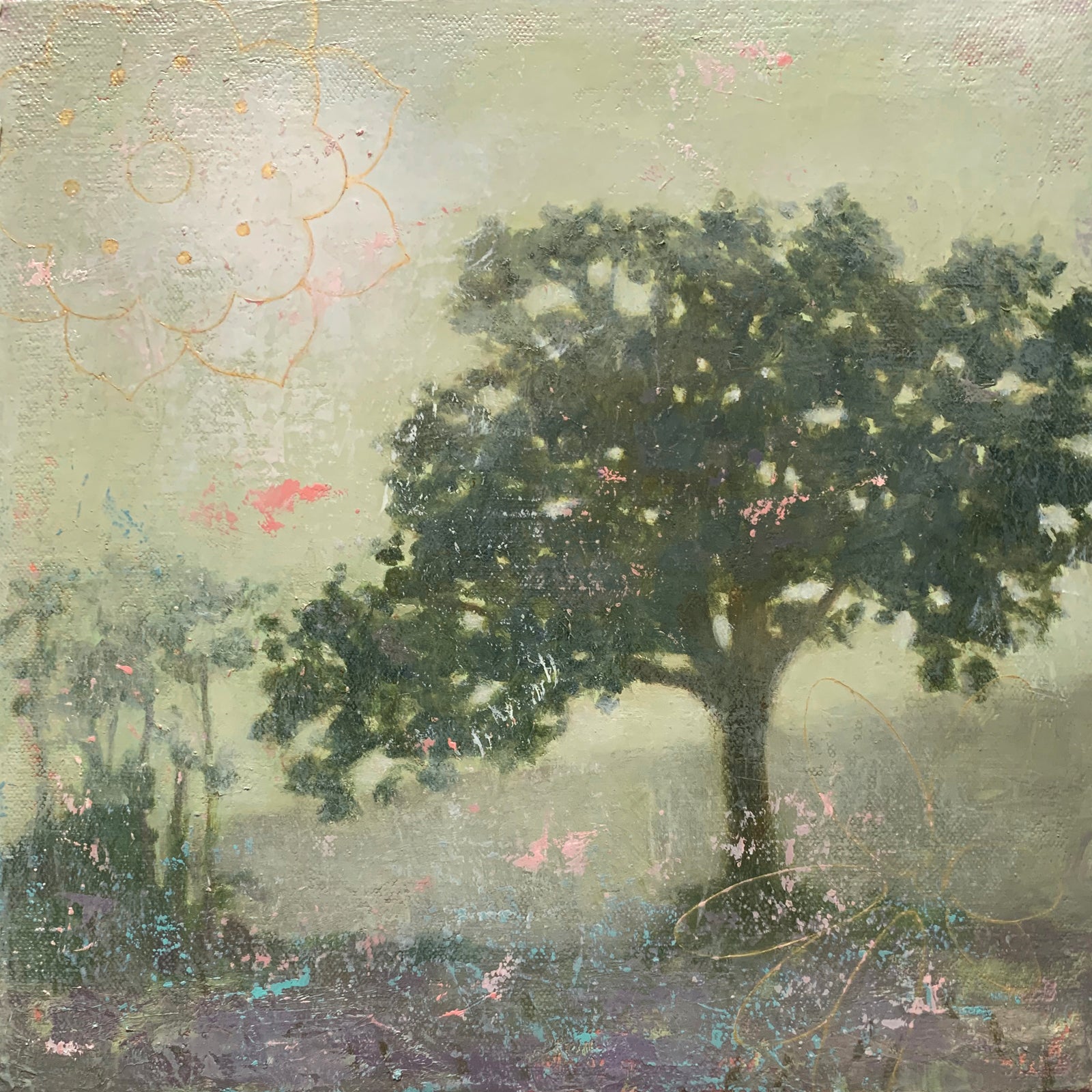 "Dissipating Fog" oil painting by artist Eleanor Miller. Atmospheric tree painting with subtle graphic flower overlays. Dark green tree with muted green background and pink texture. Available at larkandkey.com, Charlotte NC.