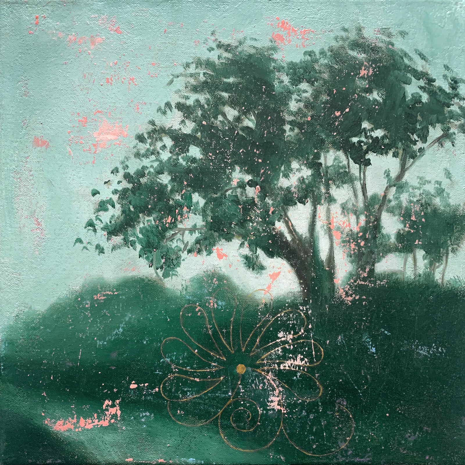 "Moonrise" oil painting by artist Eleanor Miller. Atmospheric tree painting with subtle graphic flower overlays. Dark green tree with aqua green background and pink texture. Available at larkandkey.com, Charlotte NC.