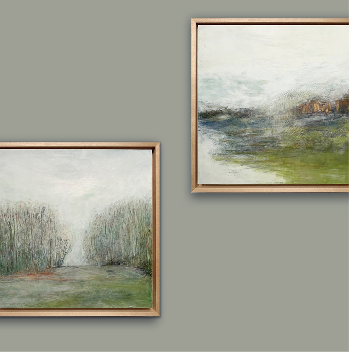 Small oil and cold wax landscape paintings by Charlotte NC artist Elizabeth Davant, shown on a gray wall. Available at larkandkey.com