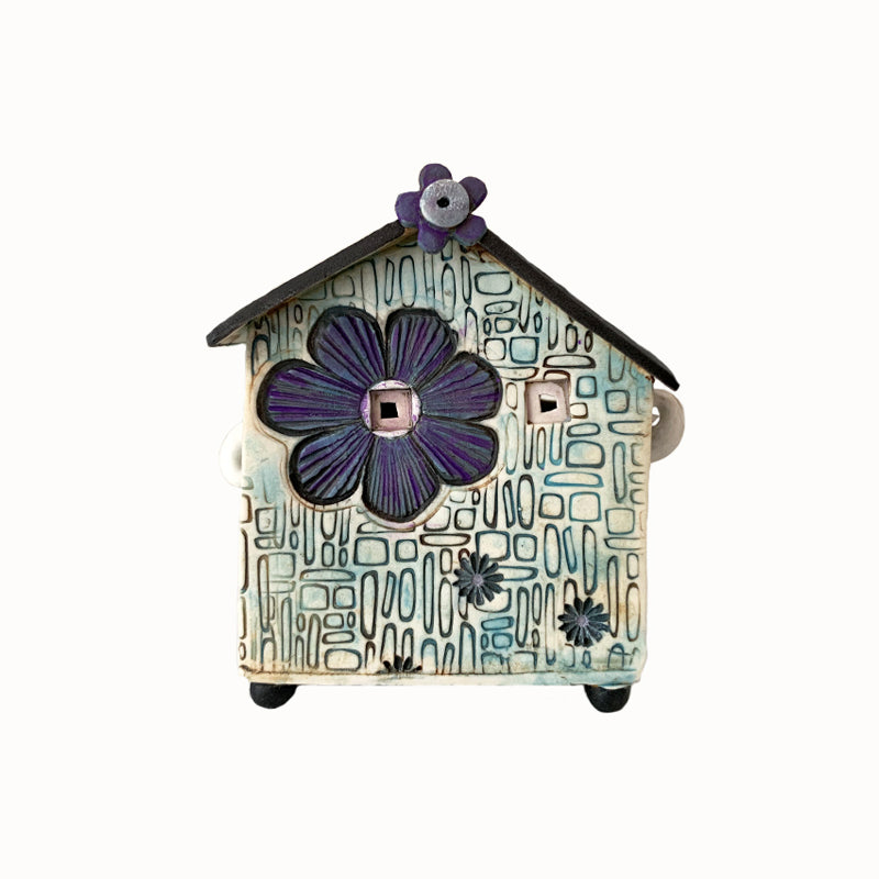 Handmade porcelain house by ceramic artist Barbara Chadwick, mod pattern with flowers.