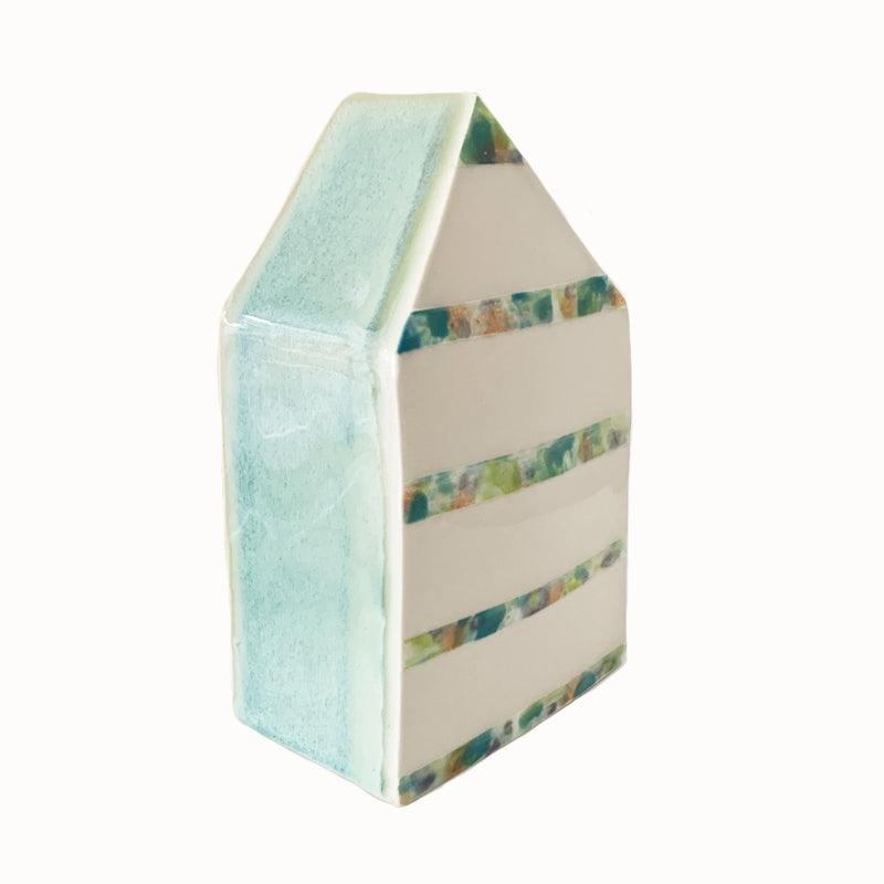 Handmade porcelain house by ceramic artist Barbara Chadwick, summery stripes.