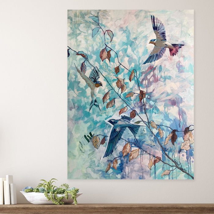 "Barn Swallow and Beech" painting by Hannah Seng. Three swallows fly among beech tree branches. The painting color story is blue, aqua, purple and cream.