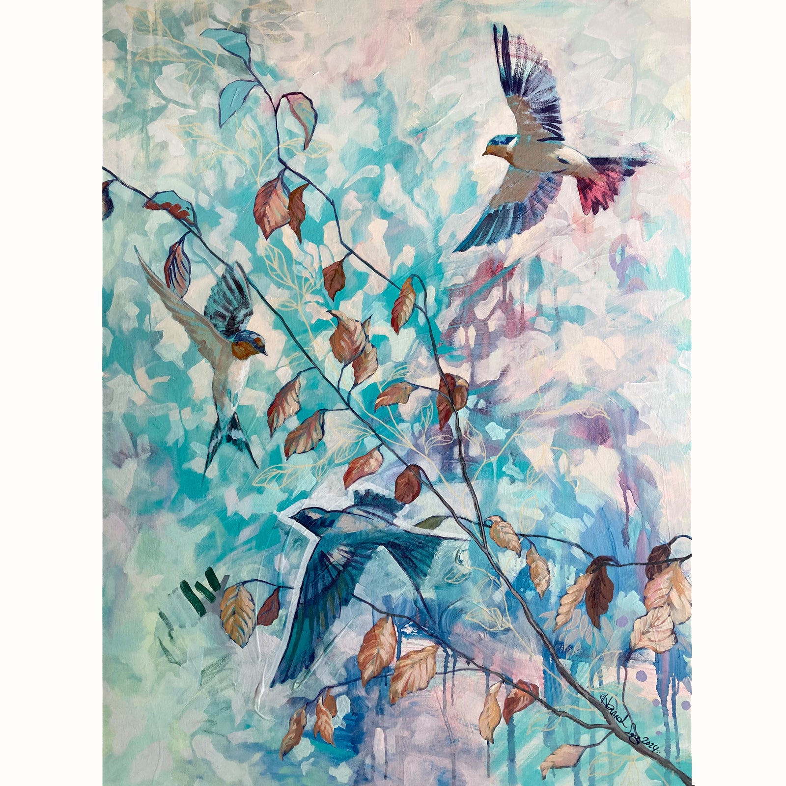 "Barn Swallow and Beech" painting by Hannah Seng. Three swallows fly among beech tree branches. The painting color story is blue, aqua, purple and cream.