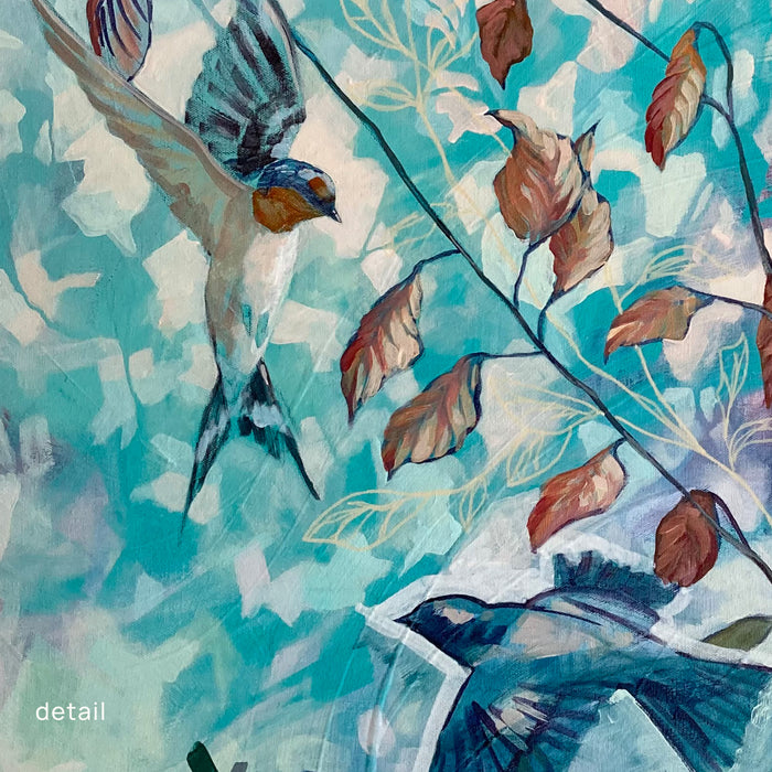 Detail of "Barn Swallow and Beech" painting by Hannah Seng. Three swallows fly among beech tree branches. The painting color story is blue, aqua, purple and cream.