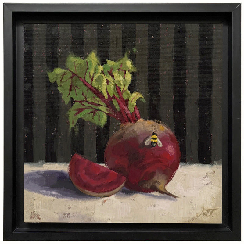 Bee and Beets, 8 x 8" hand painted rustic red beet and bee painting by Ninalee Irani. The oil painting is set in a black frame.