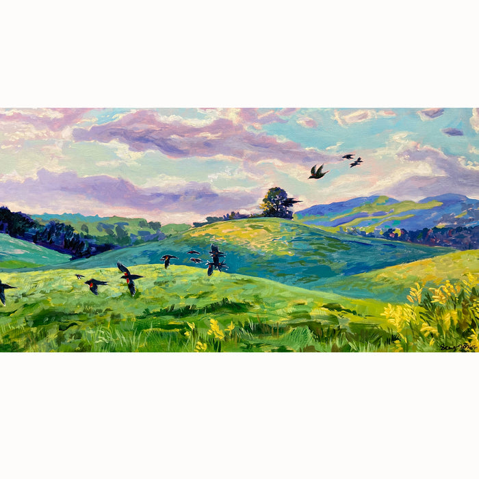 "Blackbirds and Goldenrod" vibrant mountain landscape with red-winged blackbirds by Western NC artist Hannah Seng.