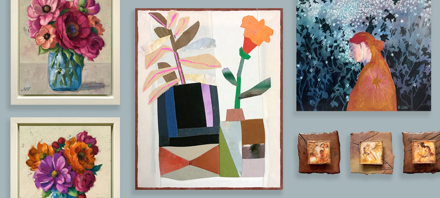 Bloom art exhibit promotion featuring colorful, flower themed work from four artists at Lark & Key.