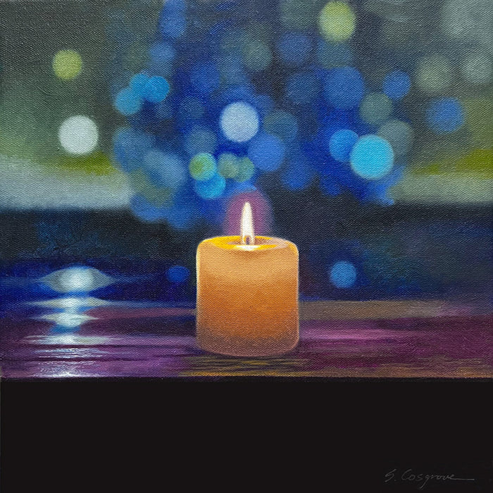 Painting by Sharon Cosgrove of a lit candle with a colorful blurred background in blues and greens. 