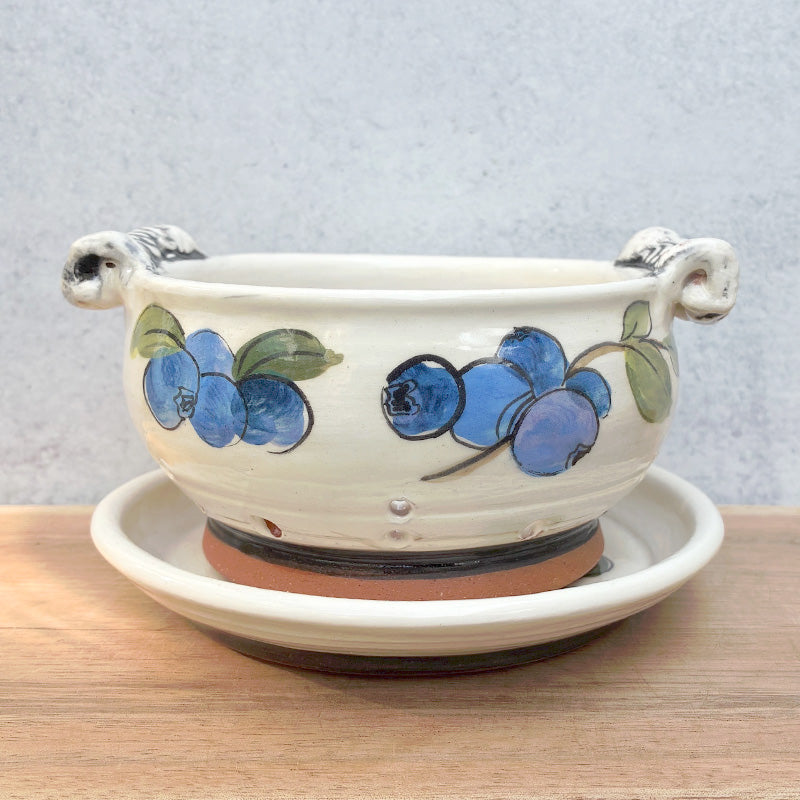 Handmade ceramic berry bowl and saucer with blueberry decoration by Molly Lithgo. 