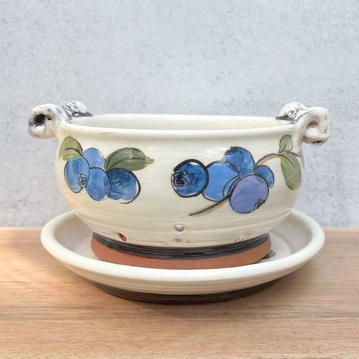 Handmade ceramic berry bowl and saucer with blueberry decoration by Molly Lithgo. 
