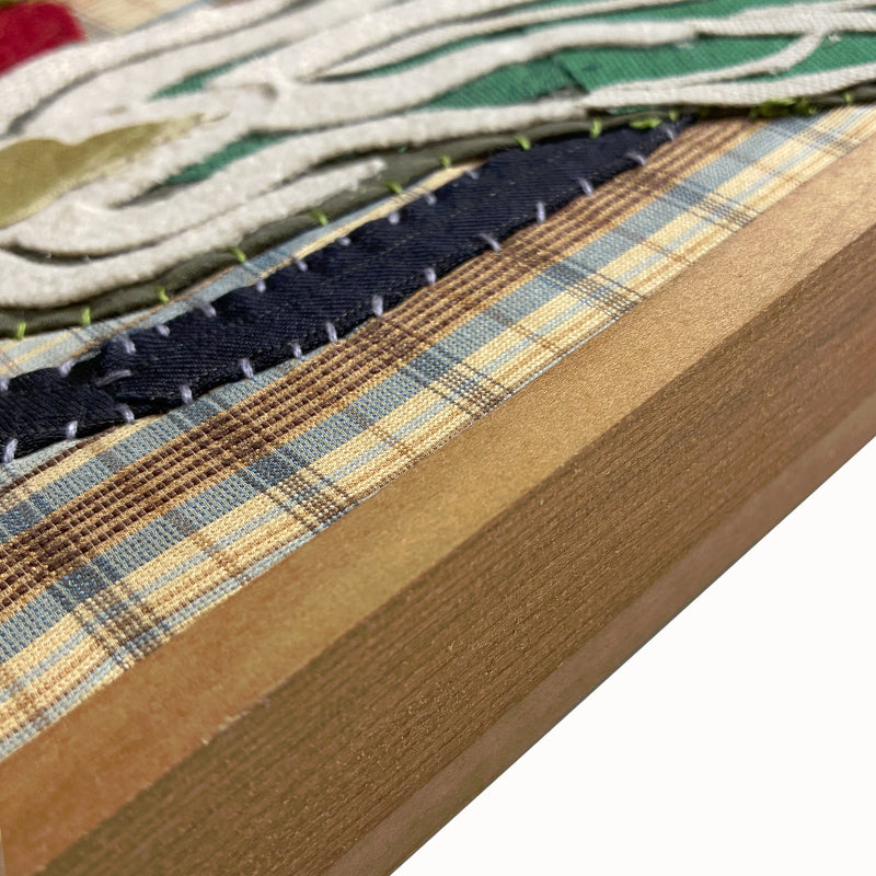 Bok Chow, Tomatoes textile collage by artist Hannah Goff. The artwork is comprised of hand-sewn, reclaimed and recycled fabrics, and features tomatoes on the vine and a bok choy. Finished in a handmade rustic wood frame, detail shown.