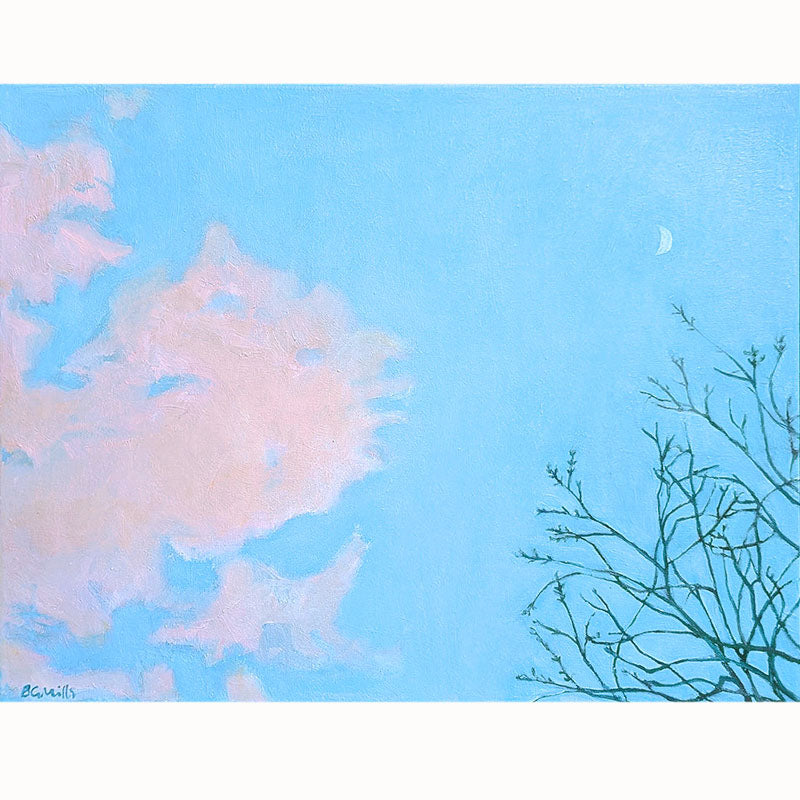 Oil painting by Bridgette Guerzon Mills. Sky scene with pink clouds in a blue sky, bare tree top branches and a crescent moon.