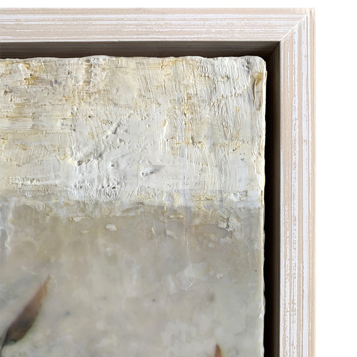 "Echoes" mixed media encaustic artwork by Bridgette Guerzon Mills, botanical piece in creams and neutrals - inspired by reciprocity. Corner / frame detail.