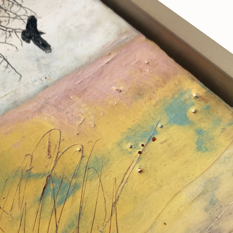 "Flight Patterns" mixed media encaustic painting by Bridgette Guerzon Mills.s Framed artwork featuring an abstract textured background in white, pink, yellow and dark red. A tree branches hang from the top down, and a single bird is in flight. Texture and frame detail.