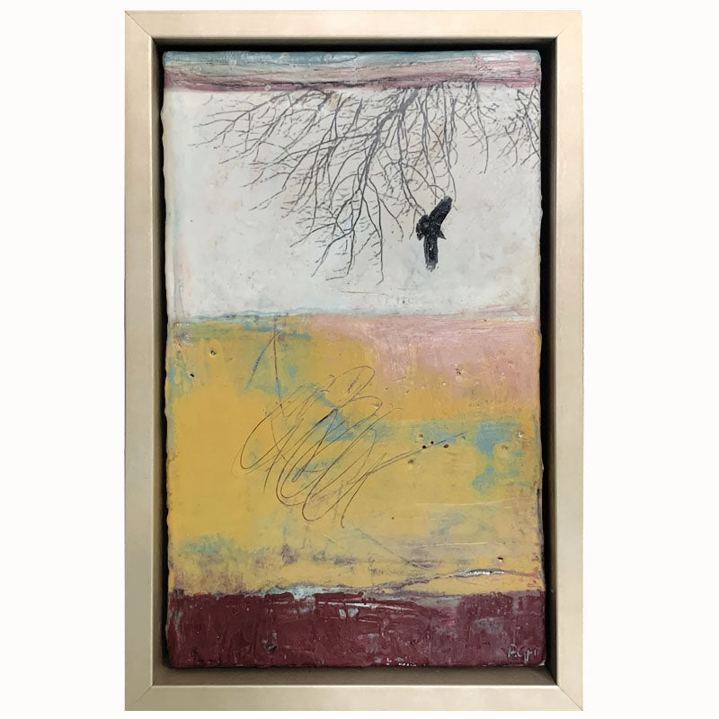 "Flight Patterns" mixed media encaustic painting by Bridgette Guerzon Mills. Framed artwork featuring an abstract textured background in white, pink, yellow and dark red. A tree branches hang from the top down, and a single bird is in flight. 