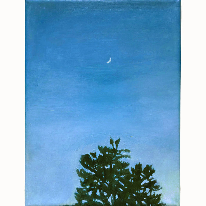 An oil painting, by Bridgette Guerzon Mills, depicting a blue at dusk with a small crescent moon  above the silhouette of a treetop.