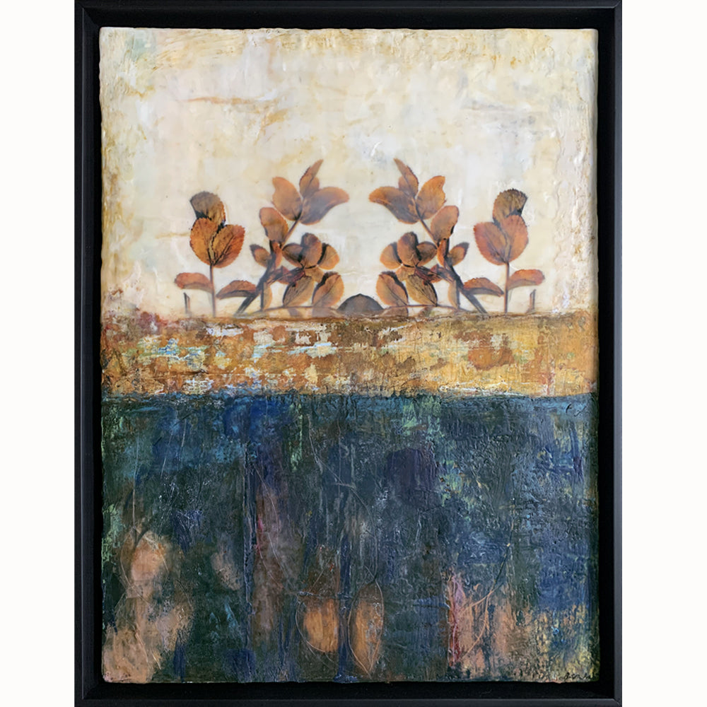 "Life into Life" mixed media encaustic artwork by Bridgette Guerzon Mills, botanical piece in golden and dark hues - inspired by reciprocity.