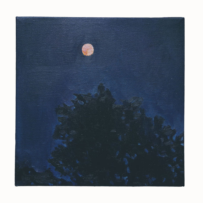 An oil painting, by Bridgette Guerzon Mills, depicting a dark blue night sky with al small orange moon just above the silhouette of treetops. 