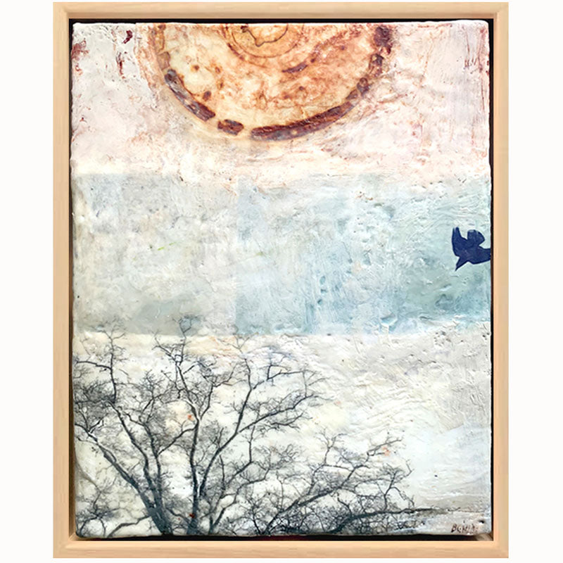 "Seeking Out an Anchor" painting by Bridgette Guerzon Mills.  Framed  mixed media encaustic artwork with abstract design, tree silhouette, and bird in flight. 
